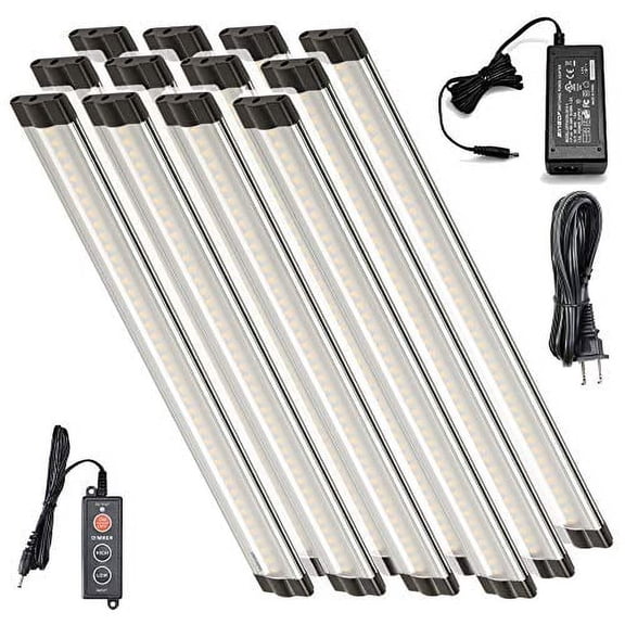 N5886 12 inch Warm White Dimmable LED Under Cabinet Lighting 12 Panel Pro Kit, 3360 Lumen, 3000 Kelvin, 24VDC, Dimmer Switch & All Accessories Included, Continuous Dimming, Aluminum Body