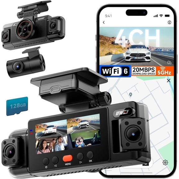 N6 360 Dash Cam 4 Channel, 5.8G WiFi-6 (up to 20MB/s) with App, Free 128GB Card, FHD Front & Rear Inside Dash Cam for Car, 8 IR Lights Night Vision, GPS, 24/7 Parking Mode, G-Sensor