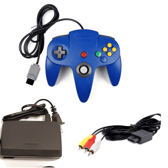 N64 Replacement Accessory Kit - Blue Wired Controller, AC Power Adapter, and AV Cable Bundle