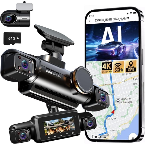 N700Pro 4K 360 Dash Cam Front and Rear, 4 Channel Car Camera with External GPS, AI Fatigue Driving Monitor, 5.8G WiFi, 8 IR Lamps Night Vision, 24H Parking Mode, 64GB Card Included