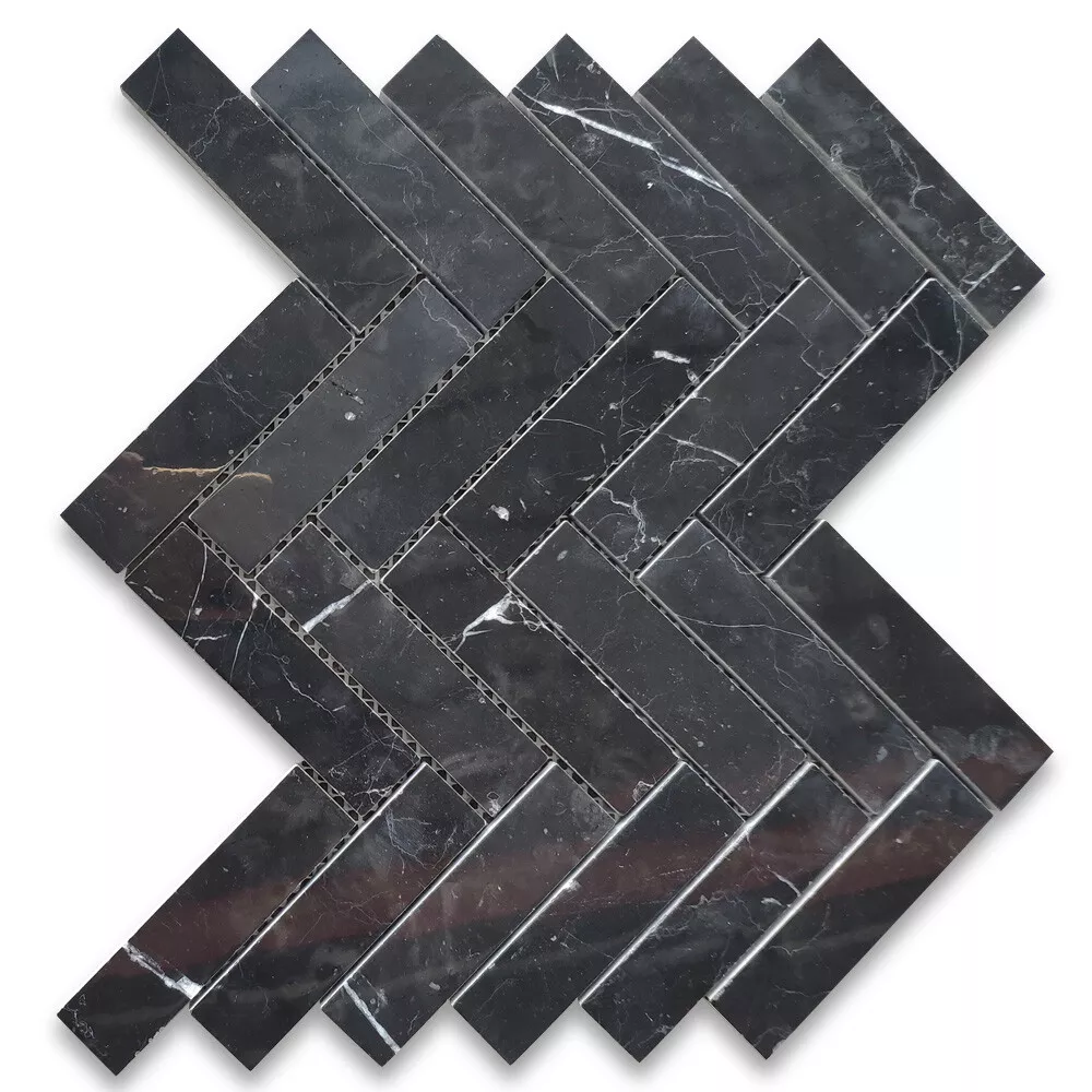 N7Fxp Nero Marquina Black Marble 1X4 Herringbone Mosaic Tile Polished ...