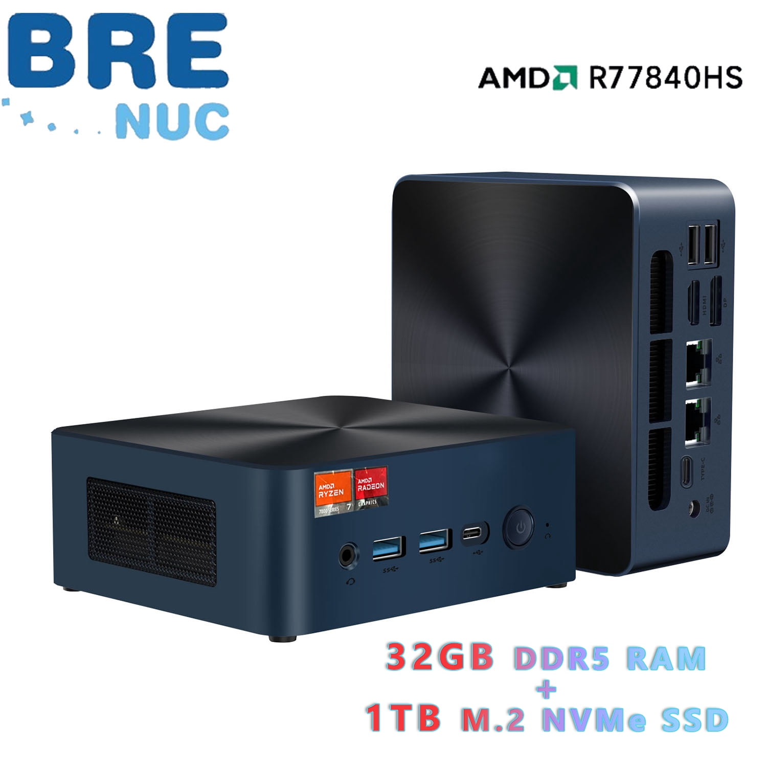 BRENUC N7P R7 Mini PC: AMD Ryzen 7 7840HS, 32GB RAM, 1TB SSD, Dual 2.5G LAN, USB4 & 4K Triple Display