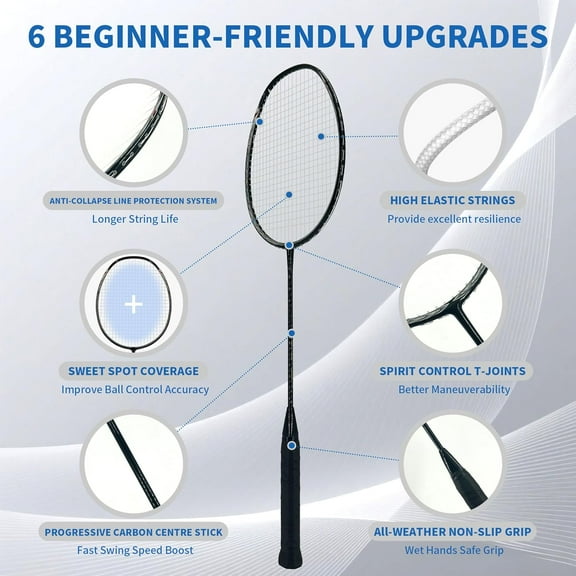N80 Badminton Rackets Set - Full Carbon Fiber 5U Lightweight Racquets with Anti-Slip Grip & 2 Carry Bags, Outdoor/Backyard Sports for Adults, Teens, Family Games