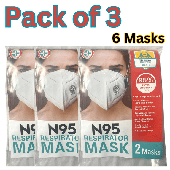 N95 Respirator Mask - Pack of 3 (6 Masks), 95% Filter Efficiency, Viral Infection Protection, Adjustable Straps