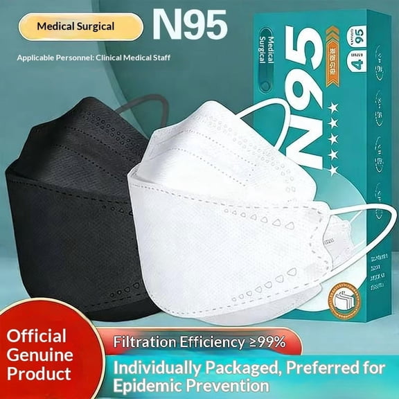 N95 medical, disposable, 3D-shaped mask, individual packaging, high aesthetic appeal, three-layered protection against dust, germs, and pathogens.