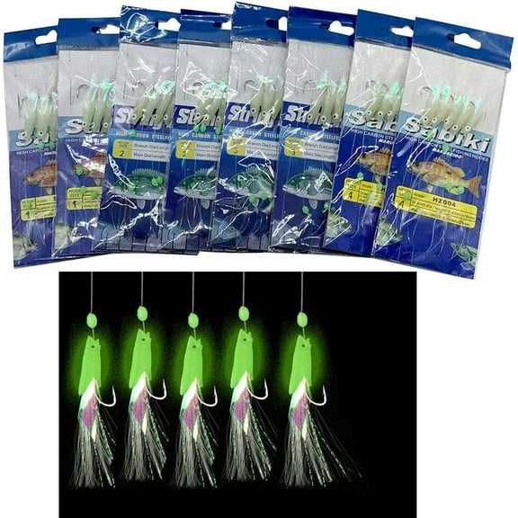 NA 8 Packs/40 Hooks Size 1#/2#/3#/4# Luminous Sabiki Rigs Fishing Flasher Lures Bait Rigs Fish Skin Glow Fishing Lure Fishing Beads High Carbon Hooks for Fresh/Saltwater