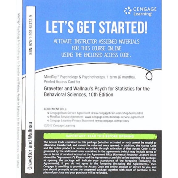 MindTap Psychology, 1 term (6 months) Printed Access Card for Gravetter/Wallnau's Statistics for The Behavioral Sciences, 10th, 9781305647329, 1305647327, Paperback, 10 edition
