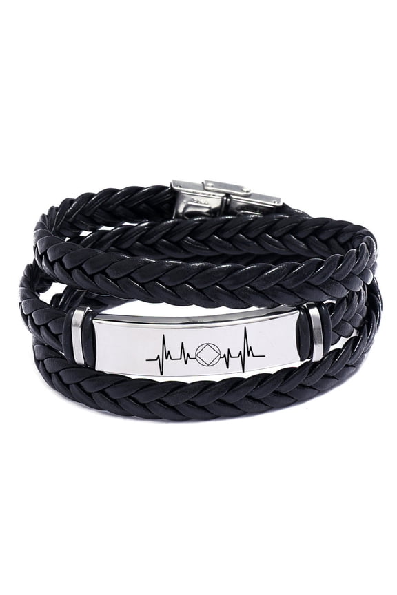 NA Alcoholics Anonymous Recovery Sobriety Triangle Symbol Wrap Leather Bracelet for Men Women, Inspirational Sober Heartbeat Recoverying Gifts, Silver
