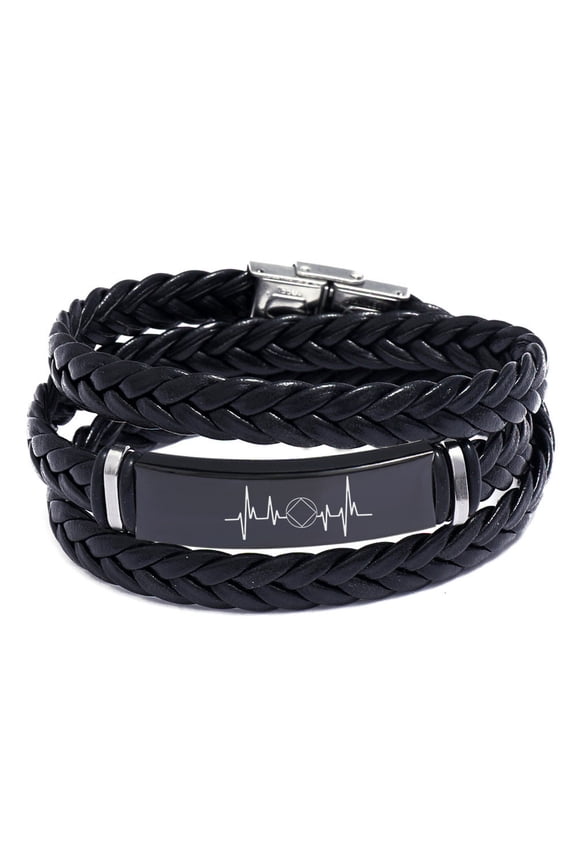 NA Alcoholics Anonymous Recovery Sobriety Triangle Symbol Wrap Leather Bracelet for Men Women, Inspirational Sober Heartbeat Recoverying Gifts, Black