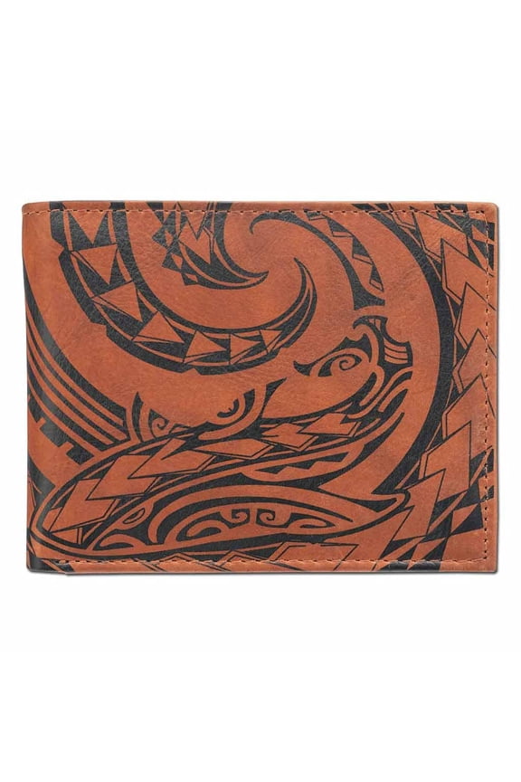 Hawaiian Shark Tattoo Flip ID Billfold Wallet for Men, Genuine Leather, "Mano" Tattoo art by Kuaika Quenga (Antique Bourbon) from Y101