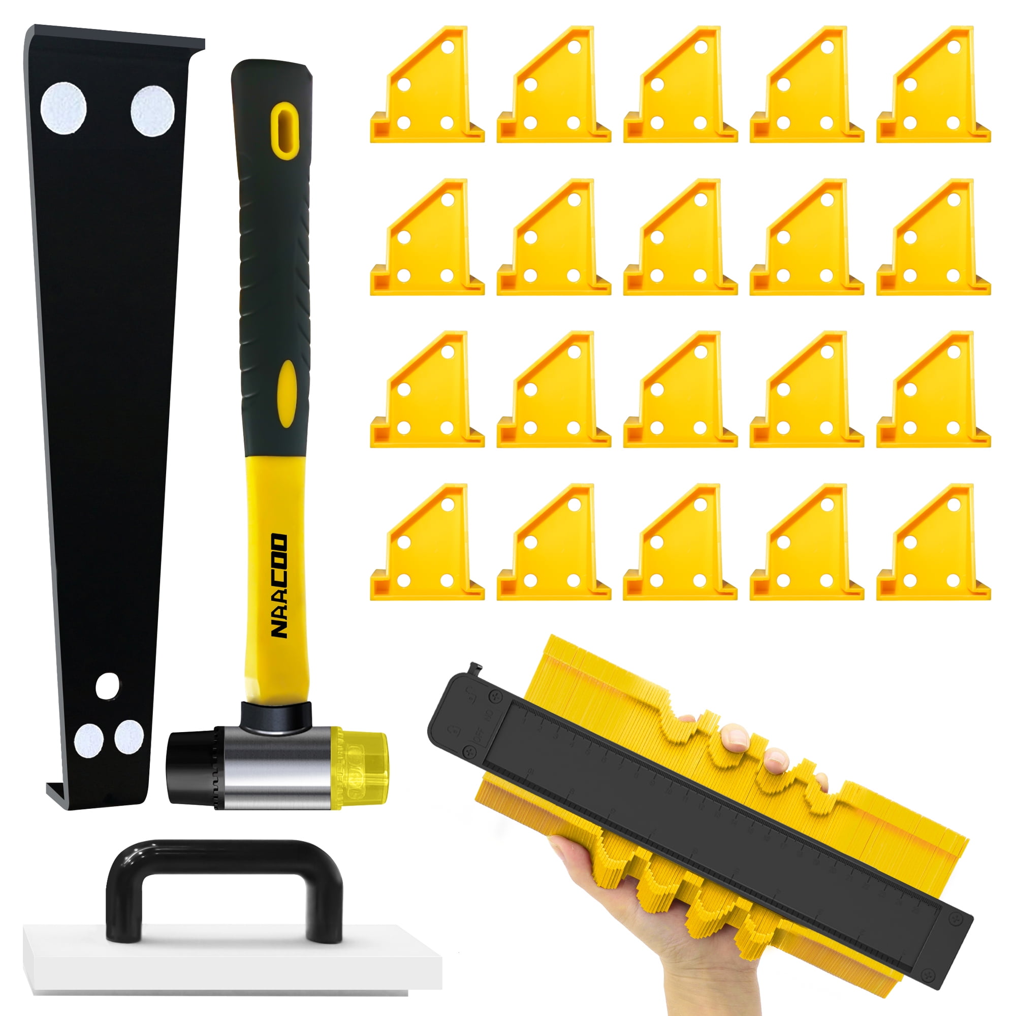 NAACOO Laminate Flooring Tools, LVP Installation Kit, Professional Vinyl Flooring Tools - Tapping Block with Handle, 10 Contour Gauge, Pull Bar, 2 in 1 Spacers, Double-Faced