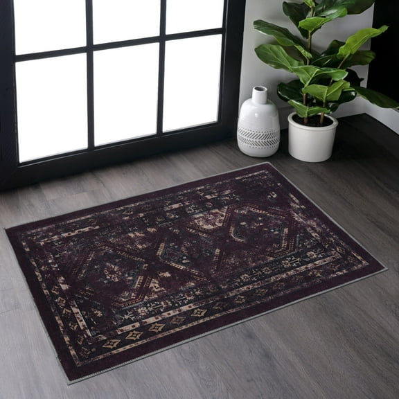 NAAR MAVAL Burgundy Washable Rug 9x12 Area Rug (Black+Burgundy, 9'x12')