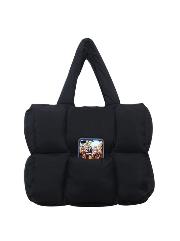 Light Weight Big Capacity Cotton Padded Handbag Puffer Tote Bag(Black)