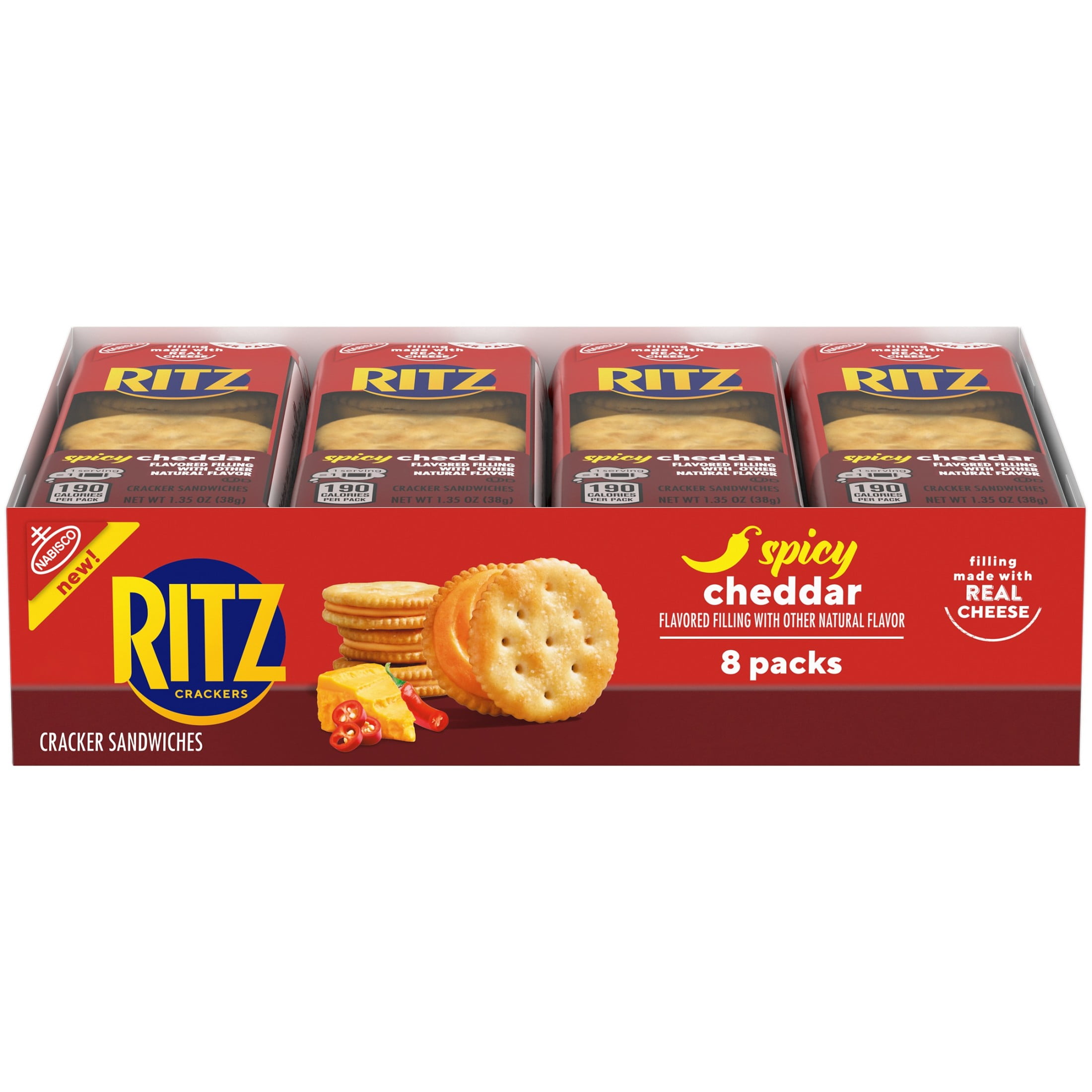 RITZ Spicy Cheddar Cheese Sandwich Crackers, Lunch Snacks, 8 Snack Packs (6 Crackers Per Pack)