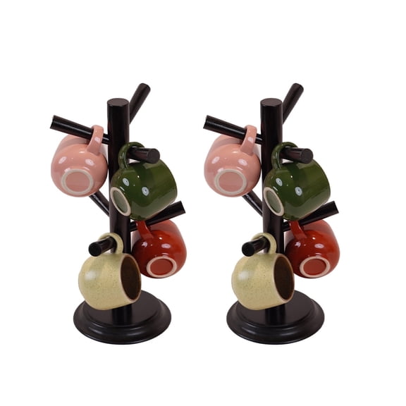 NABYTOK Pack 2 Mug Tree 6 Hooks Rubberwood 13.5"x7"x7", Strudy & Thick Base, Tree Wooden for Kitchen Tools, Pantry, Ornaments, Countertop, Table Organizer