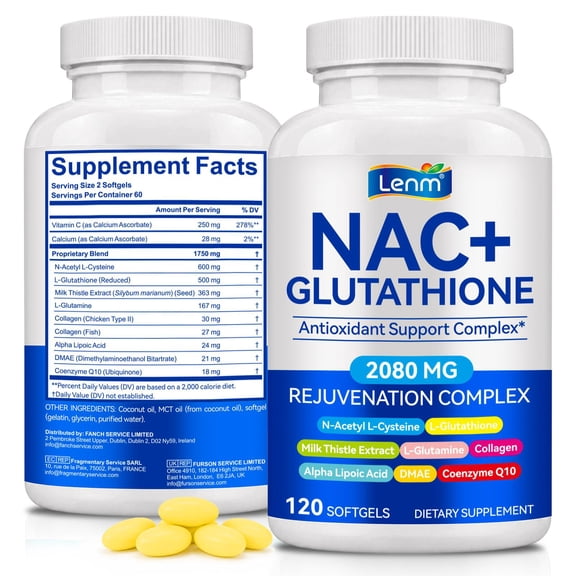 NAC + Glutathione 2080mg Antioxidant Support Complex, N-Acetyl L-Cysteine with Milk Thistle, Collagen & Alpha Lipoic Acid, 120 Softgels