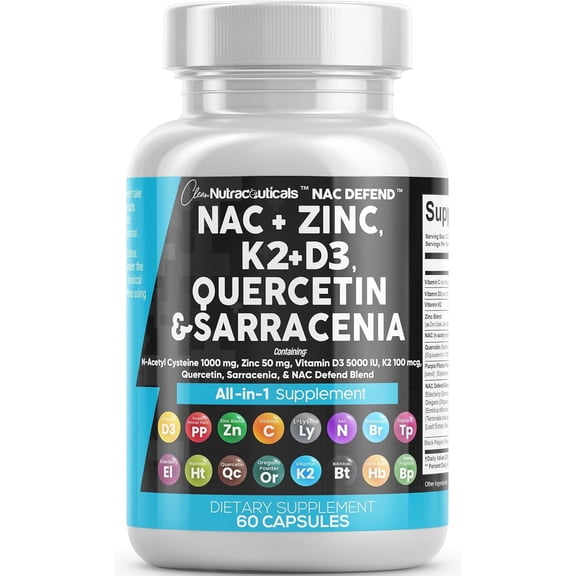 NAC Supplement N-Acetyl Cysteine Vitamin D3 K2 Zinc Quercetin Sarracenia Purpurea Immune Support | Elderberry Holy Basil Bee Propolis Bromelain L-Lysine Capsules Supplements For Women Men Adults