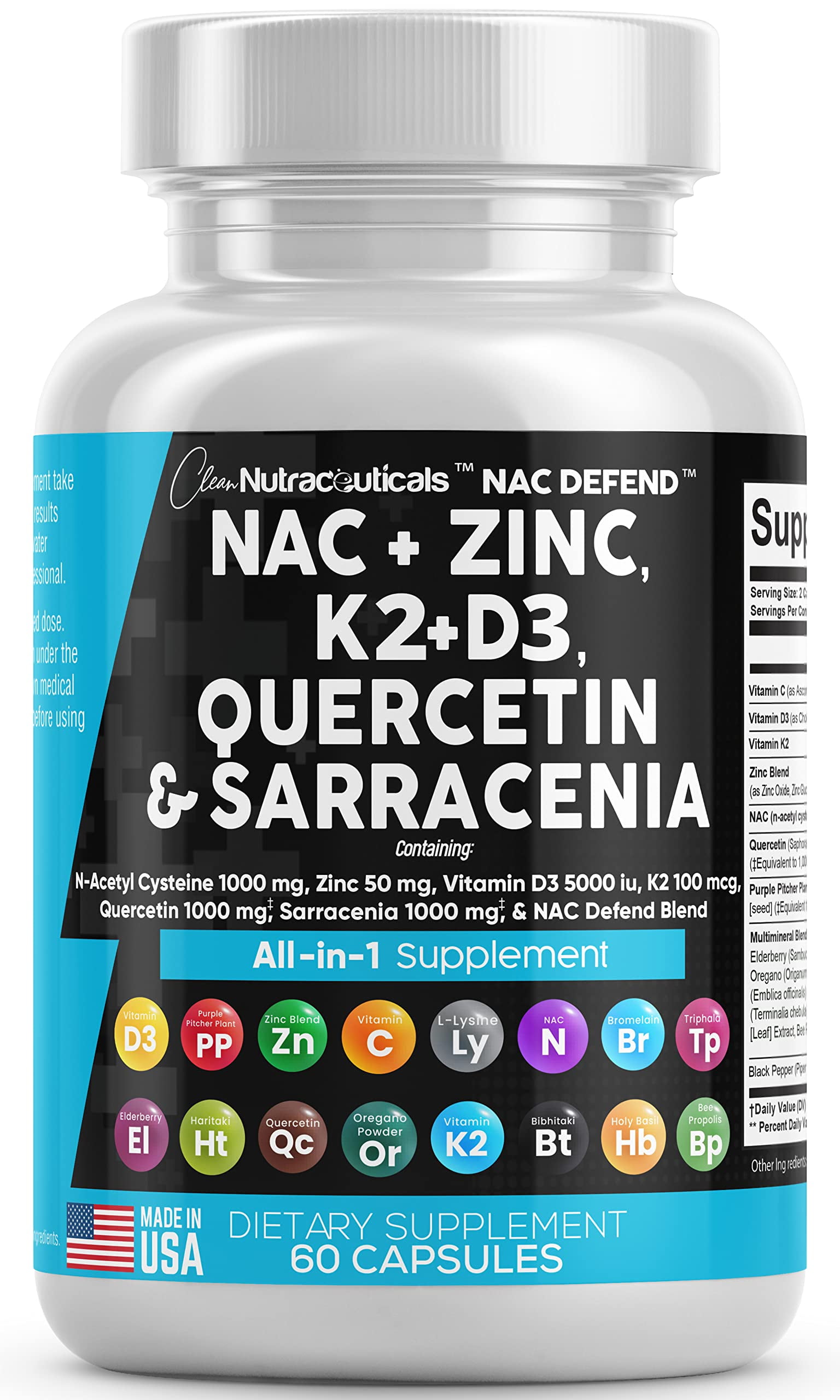 NAC Supplement NAcetyl Cysteine 1000mg Vitamin D3 K2 Zinc Quercetin