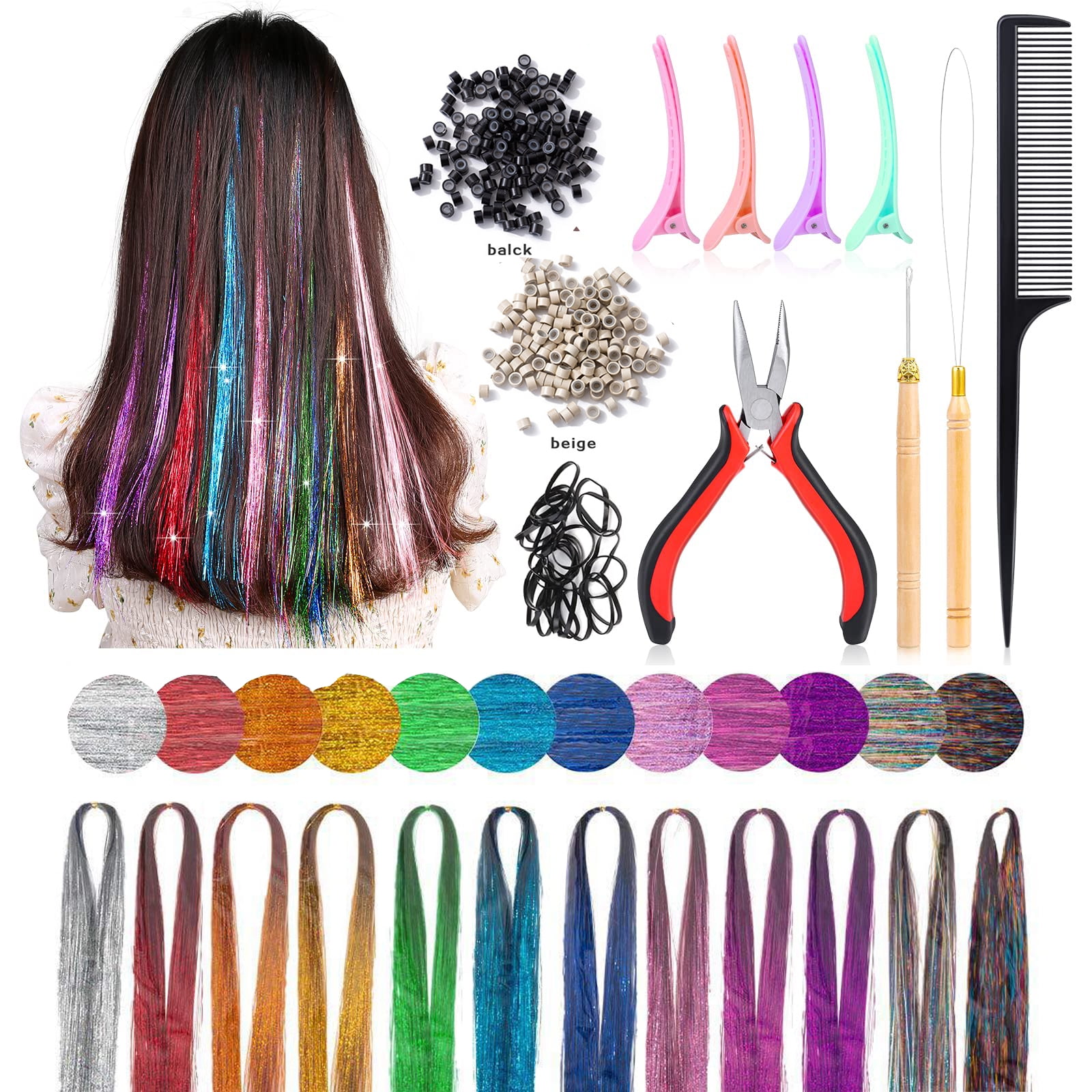 NACAMS 12 Colors Hair Tinsel Kit with Tool, 47 inch Tinsel Hair