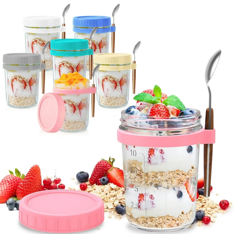  Overnight Oats Containers with Lids and Spoons - Mason Jars 16  Oz with Lids - Glass Jar with Lid 6pack Yogurt Containers with Lids for Overnight  Oats, Meal Prep,Yogurt,Chia Pudding, Salad