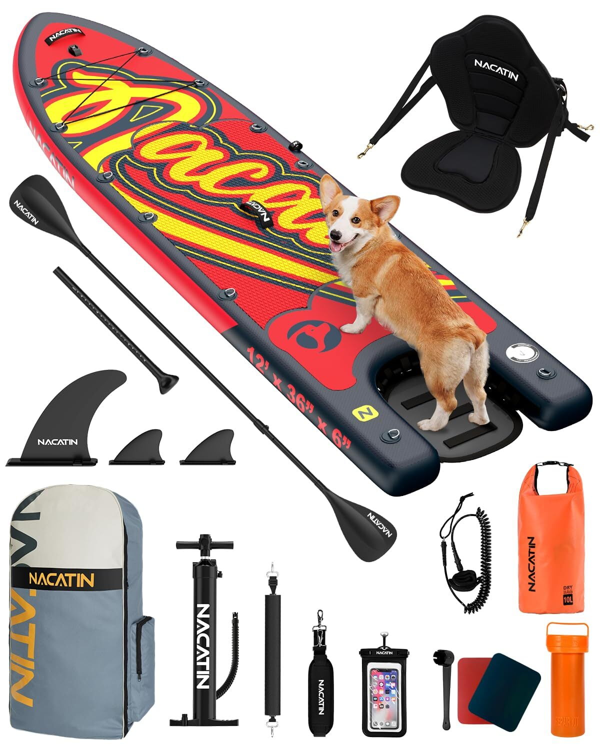 NACATIN Inflatable Dog Paddle Board 2-in-1 Dog SUP with Built-In Ramp & Kayak Seat