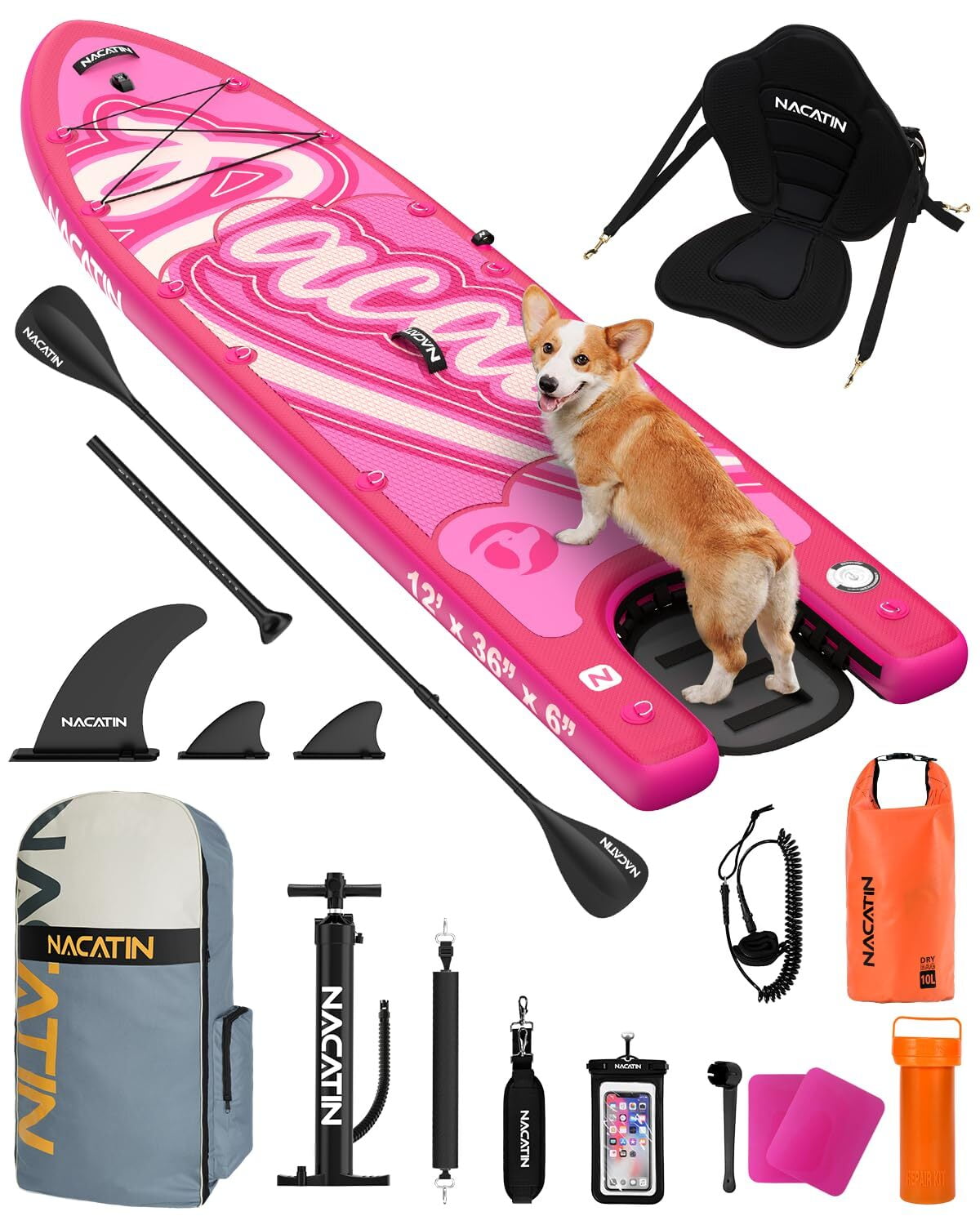 NACATIN Inflatable Dog Paddle Board 2-in-1 Dog SUP with Built-In Ramp & Kayak Seat