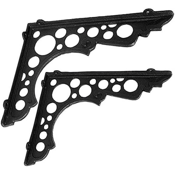 NACH Cast Iron Rustic Wall Mount Shelf Bracket with Circle Design, DIY Projects, Heavy Duty Shelf Brackets, Large 12 x 1.5 x 9.5 Inches, Black, 2 Pack (JS-90-077)