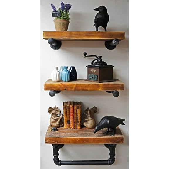 NACH Industrial Pipe Floating Shelving with Natural Wood