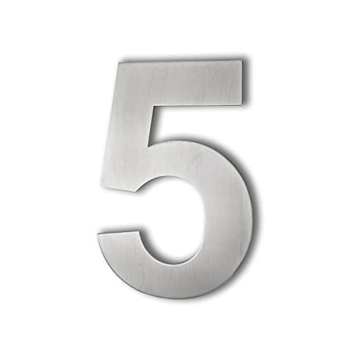 NACH Satin Finish Stainless Steel Arial House Number For Outside, Hidden Anchor Mount Metal Address Numbers, Maximum Rust Protection, Silver, 6 inch, #5, JW-ARIALNUMBER-5