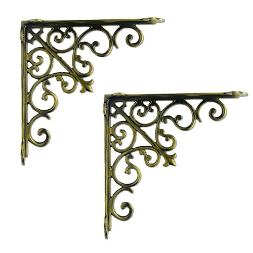 NACH Victorian Antique Gold Shelf Bracket, Wall Mount Cast Iron Shelf Brackets, Medium (2 Pack) (JS-90-062G)