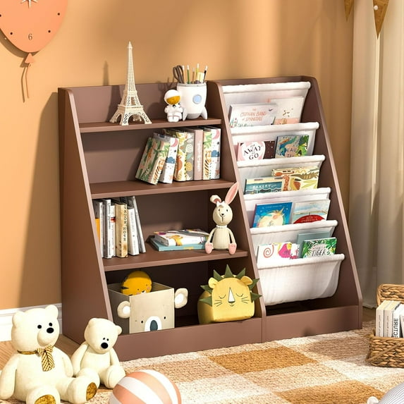 NACHES 4 Tier Kid Bookshelf Wooden 5 Sling Children Bookcase Toddler Montessori Bookcase Book Rack Display Toy Storage Organizer Book Display Shelf Stand Bedroom Nursery Playroom