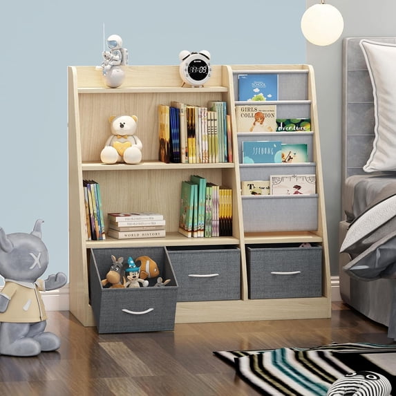 NACHES Kid Sling Bookshelf with 3 Storage Bin Drawers Nursery Bookshelves Wood Display Shelf Toddler Toy Organizer Child Bookcase Montessori Book Rack Cabinet Boy Girl Play Room Playroom Bedroom