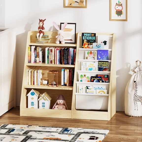NACHES Montessori Kid Bookshelf Toddler Bookcase Cabinet Children Book Rack Display Toy Storage Organizer 4 Tier 5 Sling Deep Sleeves Classroom Bedroom Nursery Playroom Wood (Burlywood, Middle)