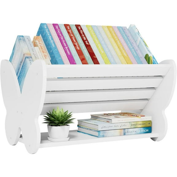 NACHES Montessori Kids Bookshelf,Toddler Baby Bookcase with Caddy,Toy Storage Organizer Tilted Mini Nursery Book Rack Tabletop Desktop Holder Display Shelf for Playroom Child's Room (White Butterfly)