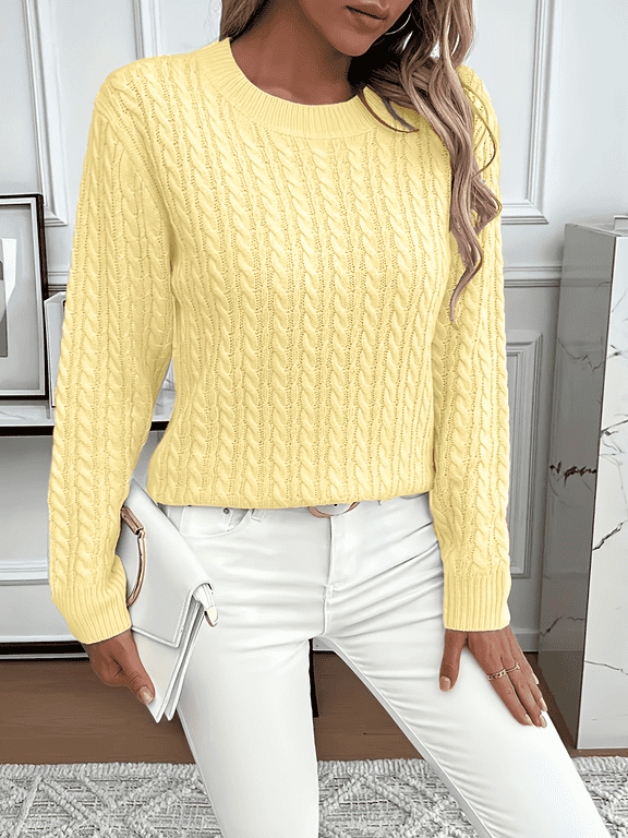 Women's Cable Knit Sweater, Crew Neck Long Sleeve Casual Pullover, Yellow, Size M