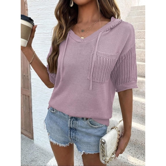 NACOjama Women's Short Sleeve V-Neck Knit Hoodie with Chest Pocket, Purple, 2XL