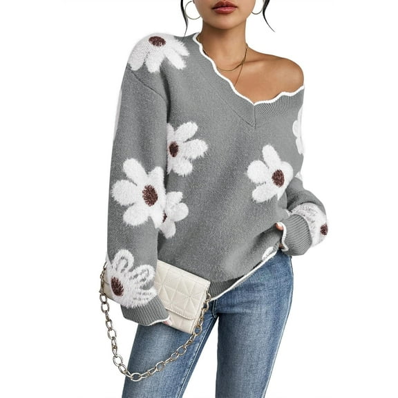 NACOjama Womens Long Sleeve Sweater V Neck Casual Loose Knit Top Gray L