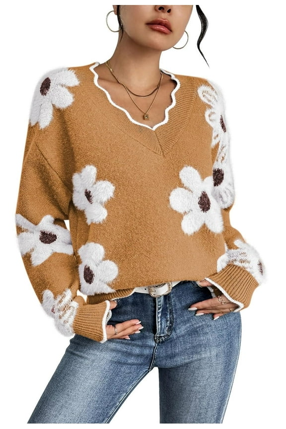 Womens Long Sleeve Sweater V Neck Casual Loose Knit Top Orange M