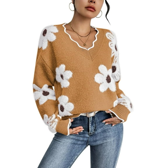 NACOjama Womens Long Sleeve Sweater V Neck Casual Loose Knit Top Orange S