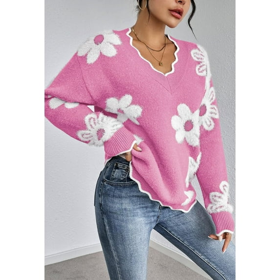 NACOjama Womens Long Sleeve Sweater V Neck Casual Loose Knit Top Pink L