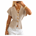 thumbnail image 1 of NACOjama Womens Short Sleeve V Neck Button Front Cardigan Sweater Lightweight Ribbed Knit Loose Fit Summer Top Beige, 1 of 9