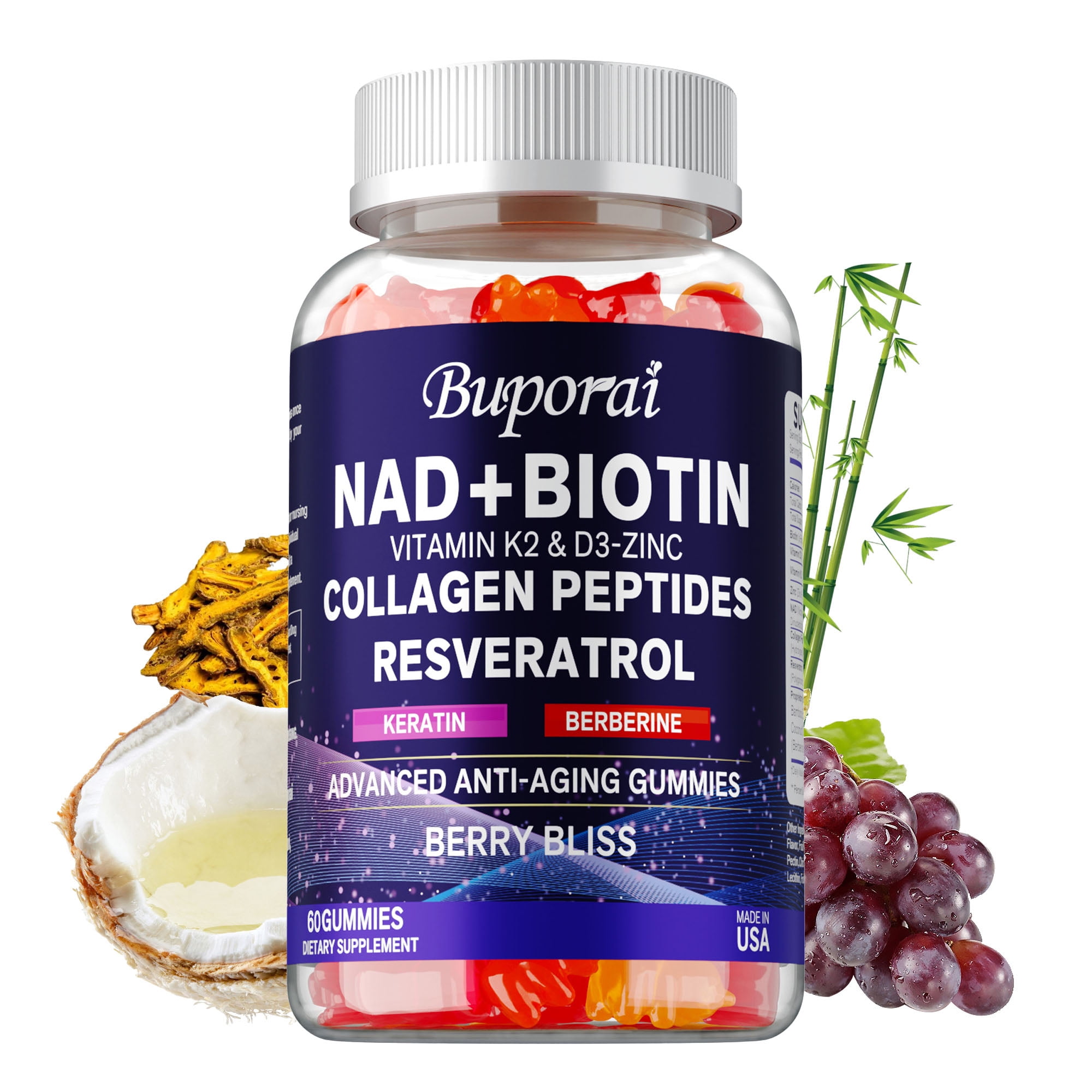 NAD+ Biotin - with Resveratrol,Collagen Peptides, Berberine, Keratin -Anti-Aging - 60 Gummies