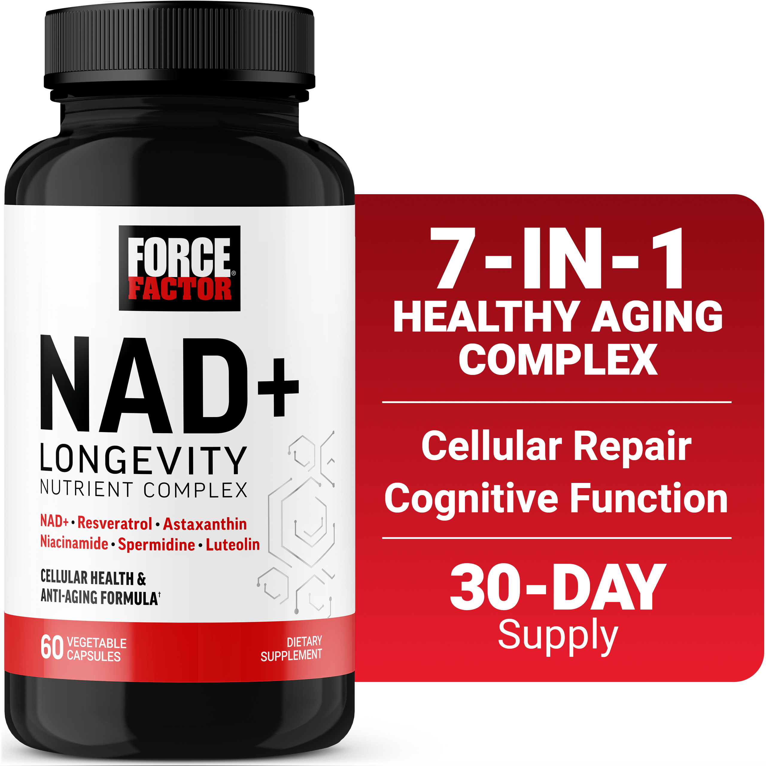 Force Factor NAD+ Longevity, Ant-Aging NAD Supplement with Resveratrol & Nicotinamide for Cellular Energy & Repair, Cognitive Health, 60 Capsules