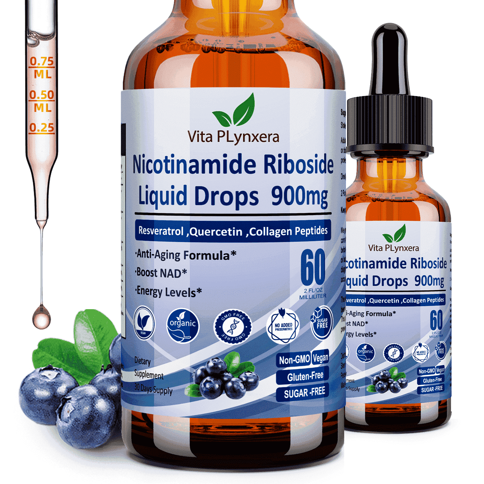 VitaPLynxera NAD+ Liquid Drops Nicotinamide Riboside Resveratrol 900mg  NAD+ Supplement with Quercetin, Collagen, Biotin 6-in-1 Formula for Women & Men | 60ml