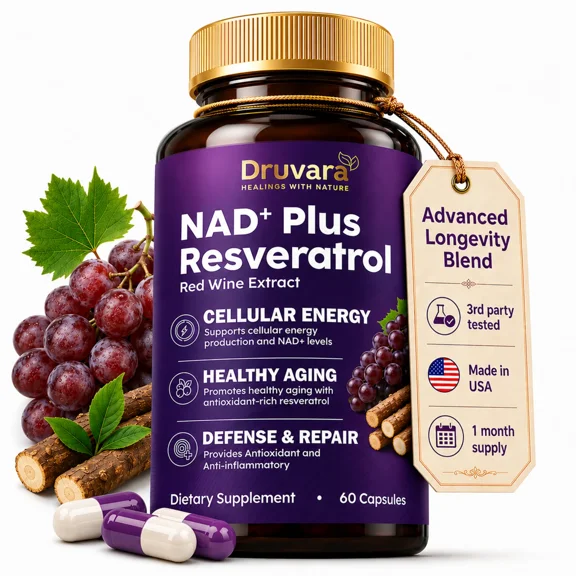 Druvara NAD Resveratrol Supplement Capsules with Red Wine Extract - Nicotinamide Riboside Supplement & Longevity Formula for Men and Women, 60 Capsules