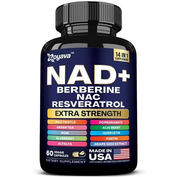 NAD+ Supplement Extra Strength with Berberine, NAC, Resveratrol Japanese Knotweed, Milk Thistle, Green Tea, Pomegranate, Acai, Quercetin, Fisetin, Grape Seed Extract 14-in-1 60 Veggie Capsules