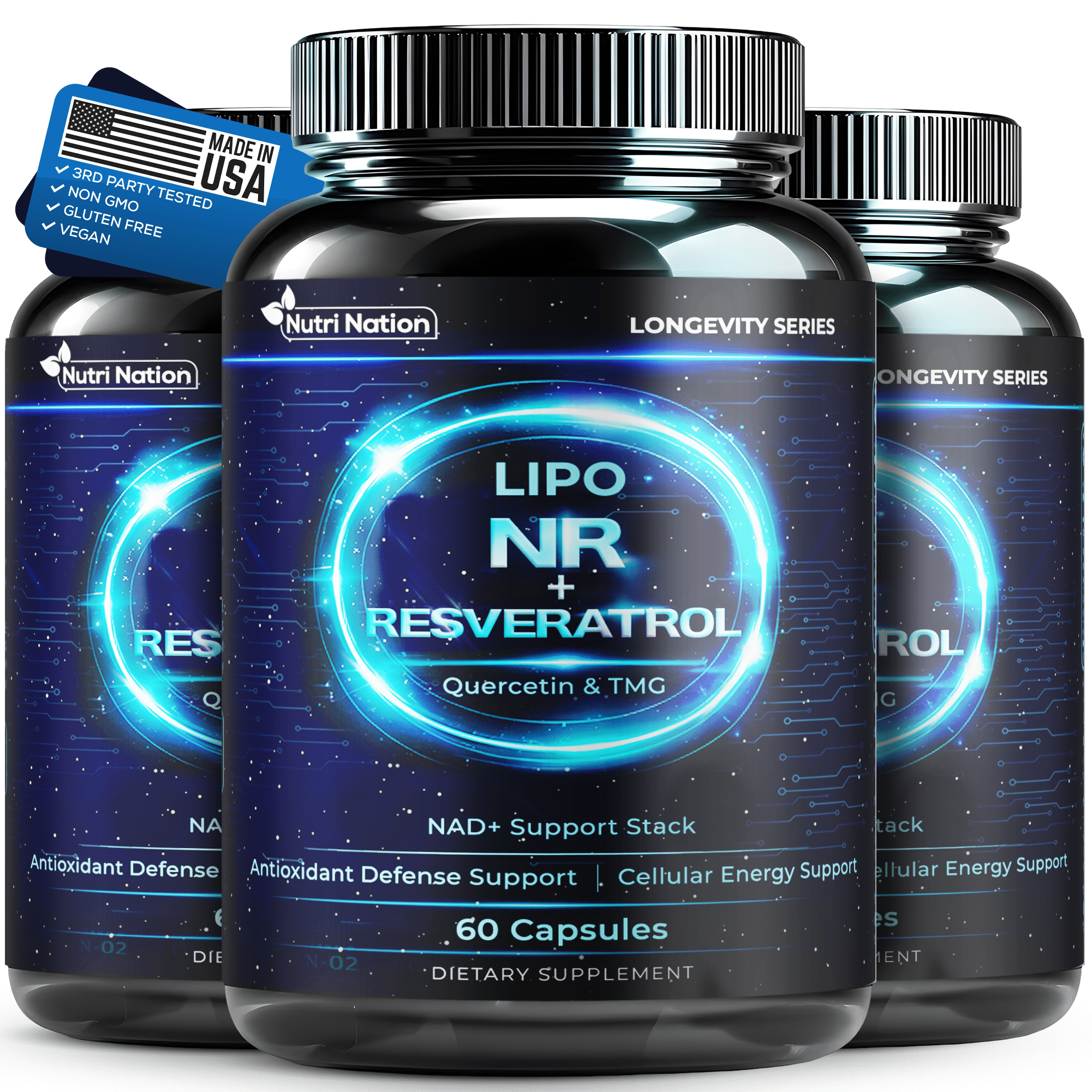 NAD Supplement with Liposomal Nicotinamide Riboside , Resveratrol, Quercetin & TMG, 180 Capsules, 3 Bottles. Cellular Energy & Antioxidant Support