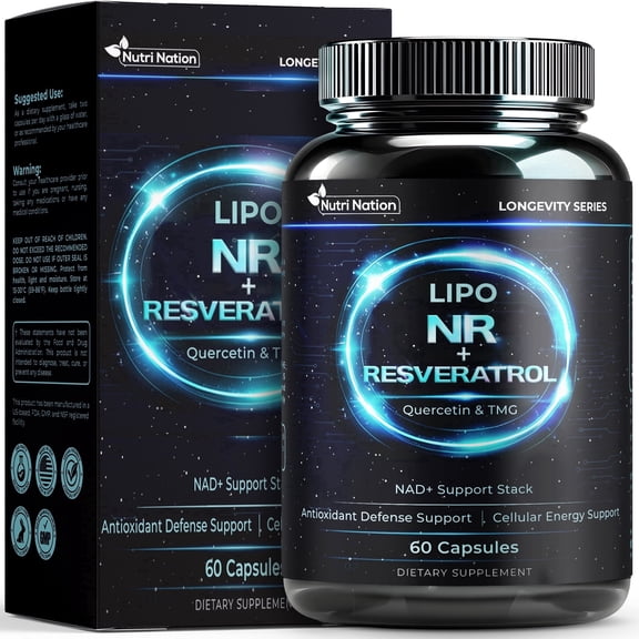 Nutri Nation NAD Supplement with Liposomal Nicotinamide Riboside, Resveratrol, Quercetin & TMG, Cellular Energy & Antioxidant Support, 60 Capsules