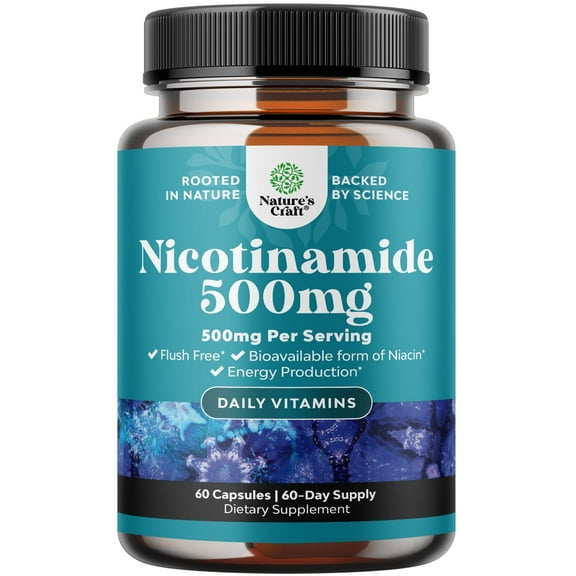 NAD Vitamin B3 Supplement Niacin 500mg per serving Flush Free - Nature's Craft Nicotinamide Vitamins for Immune Support Energy Boost & Brain Health