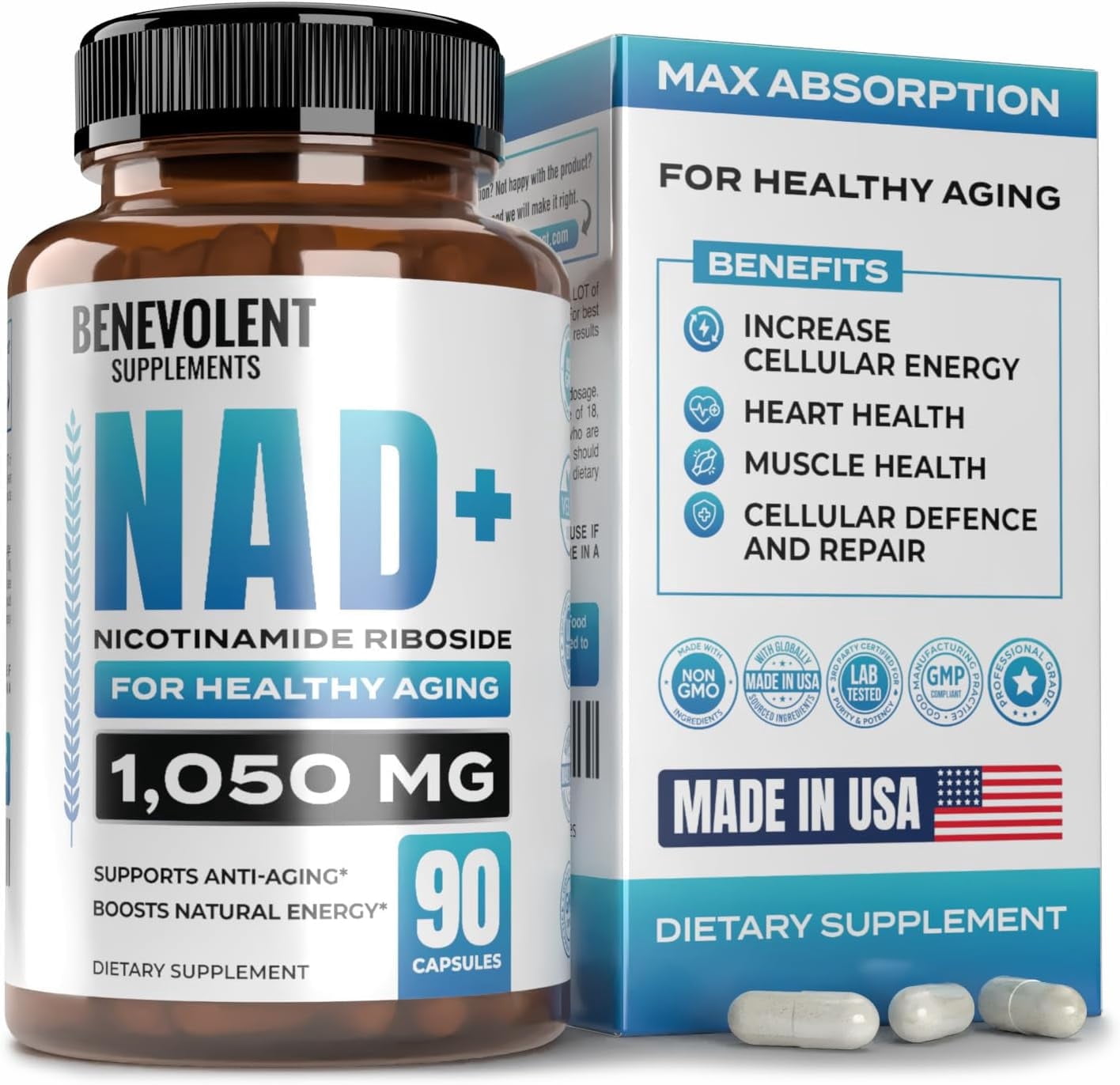 Benevolent Nourishment 1050mg NAD with Nicotinamide Riboside Supplement for Healthy Aging, 90 Capsules